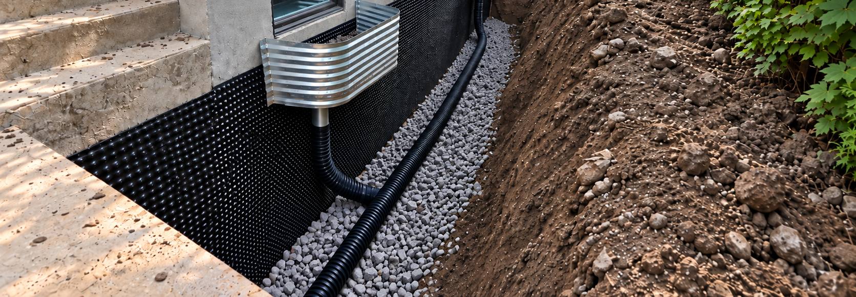 Foundation drain trench along a house: membrane, clean stone, perforated drain and window well