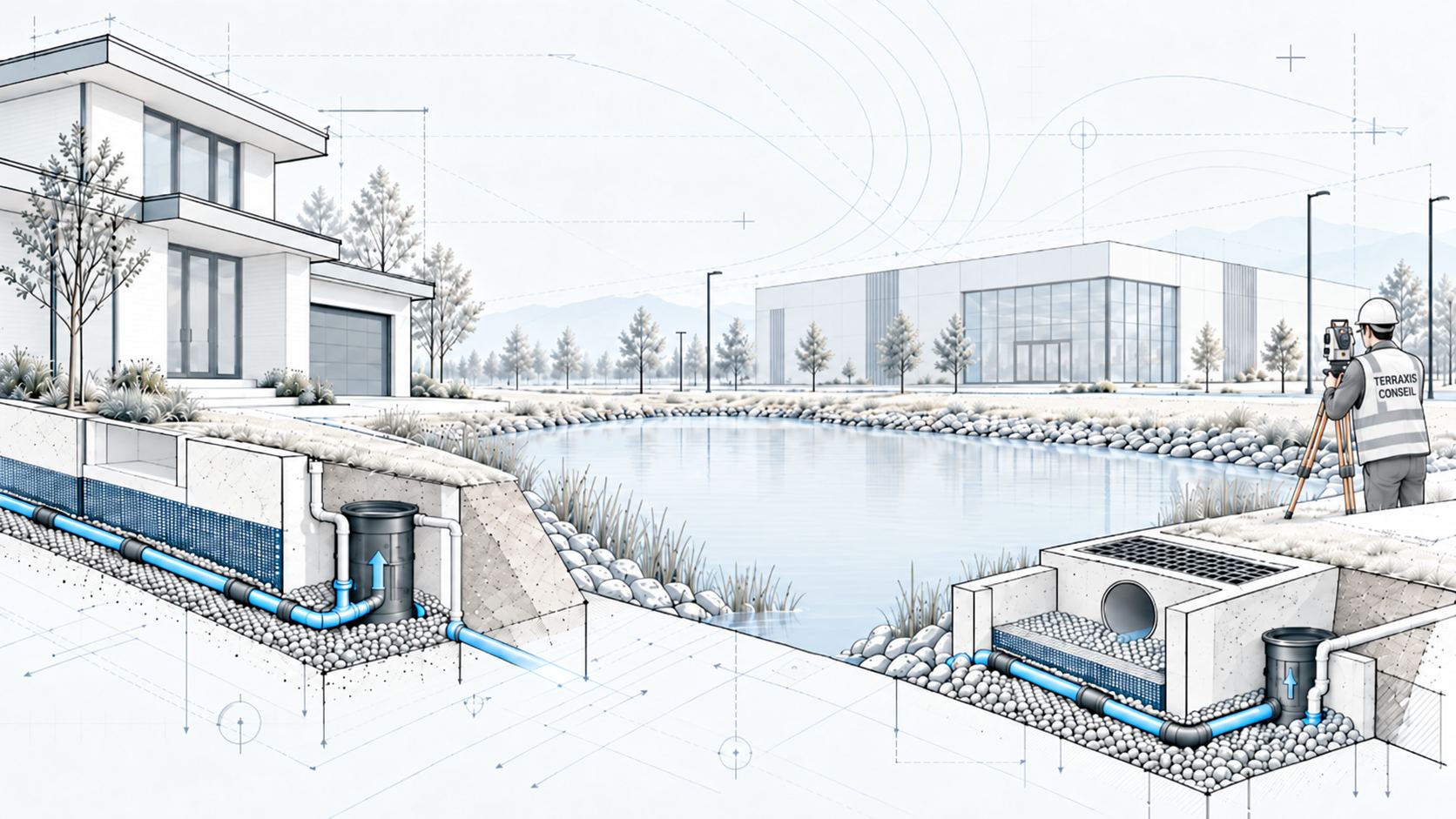 Civil design, drainage and stormwater management by Terraxis Conseil: house, retention pond, industrial building and drainage cross-sections