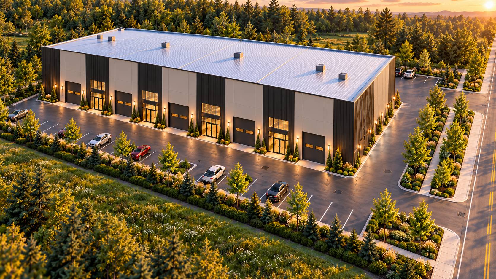Illustration of an industrial building with parking and landscaping, Lavaltrie project