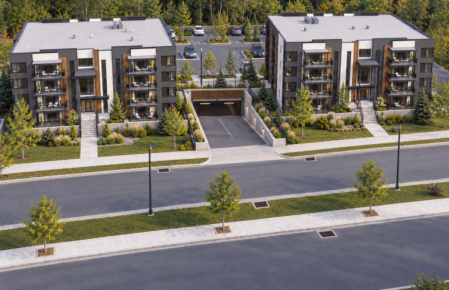 Illustration of a two-building multi-residential project with an underground parking entrance, landscaping and street