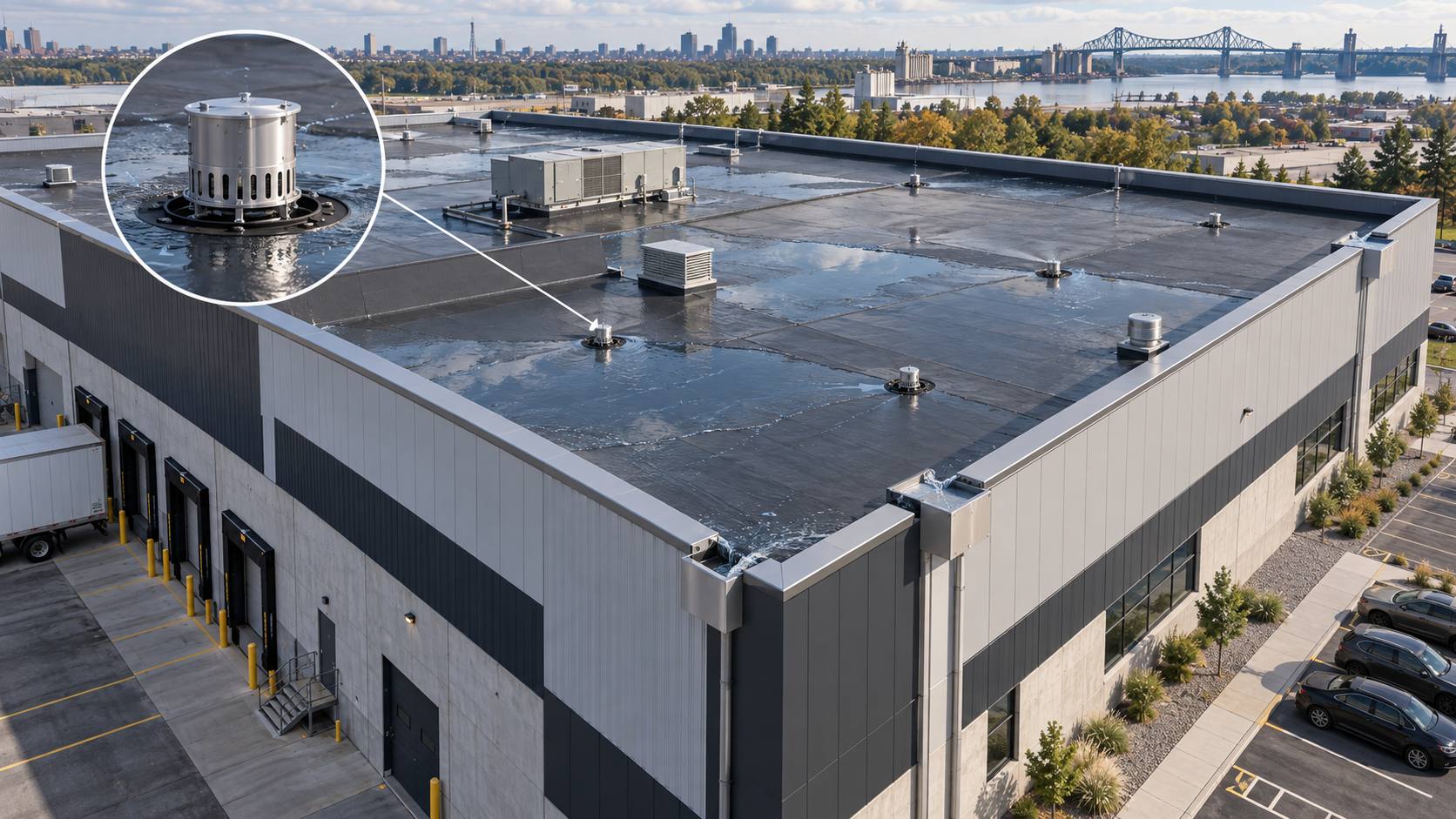 Illustration of an industrial building roof with drains and equipment, Lachine project
