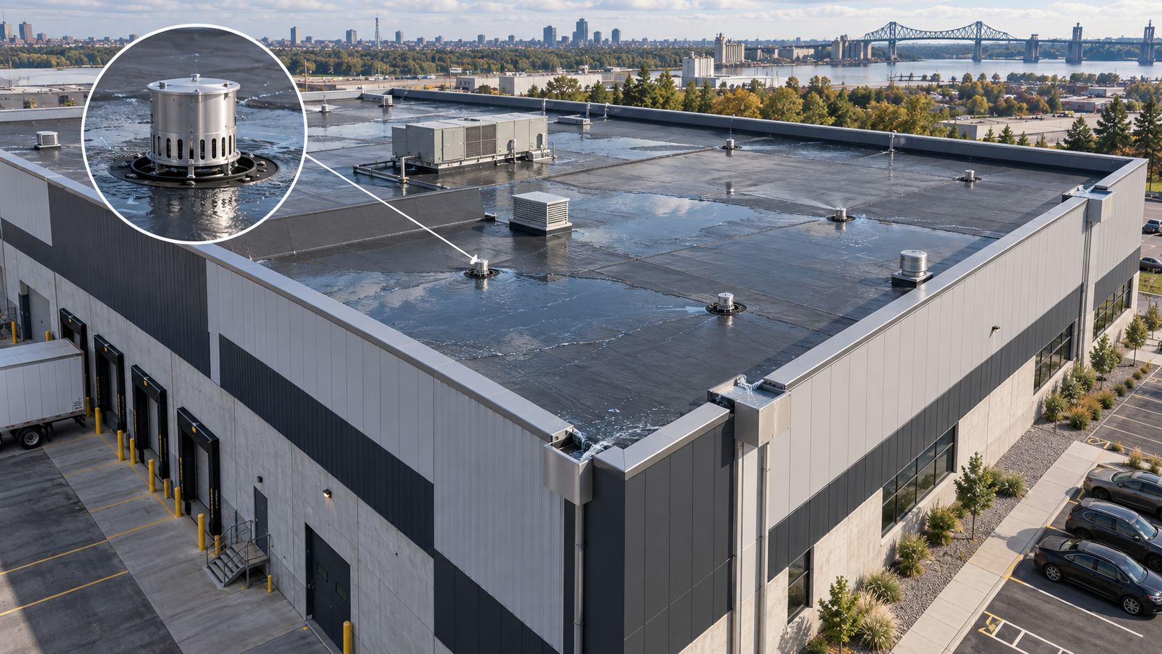 Illustration de la toiture d’un bâtiment industriel avec drains et équipements, projet de Lachine
